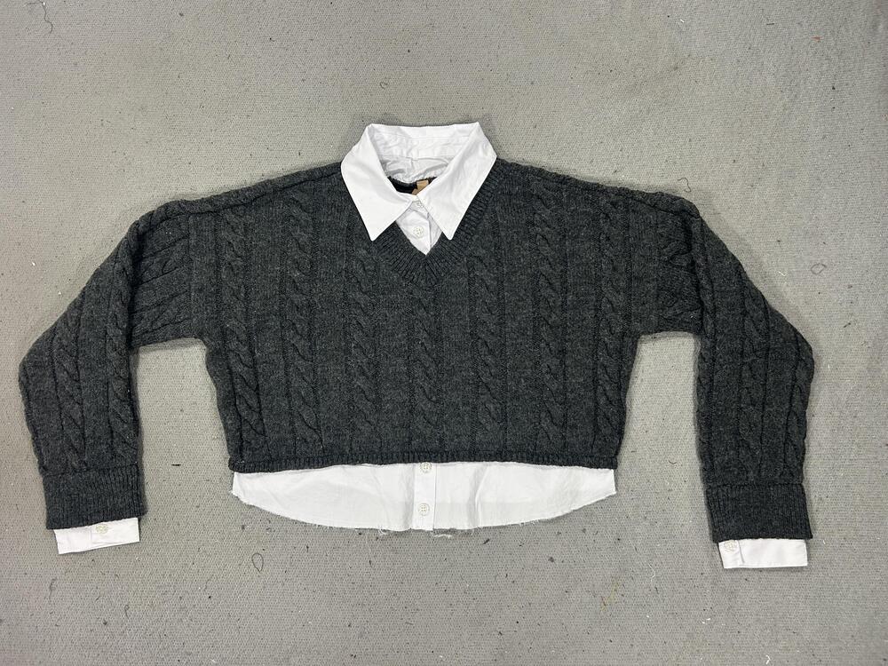 Pilcro Sweater Womens Small Gray Cable Knit Preppy Layered Cropped Shirt Top